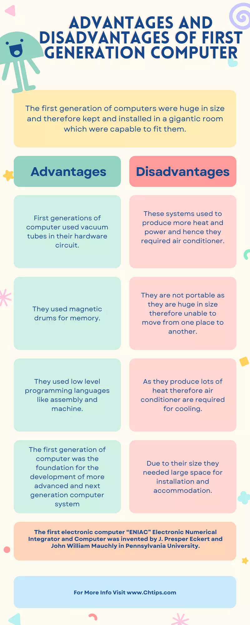 Advantages and Disadvantages of First Generation Computer