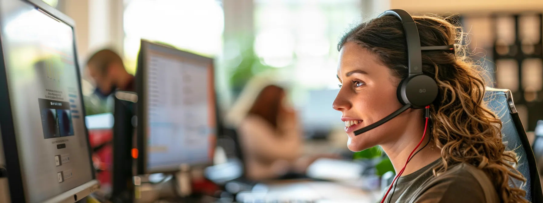 The Benefits of Knowledge Management for Contact Centers 1 A woman in an office wearing a headset, illustrating benefits of knowledge management for contact centers.
