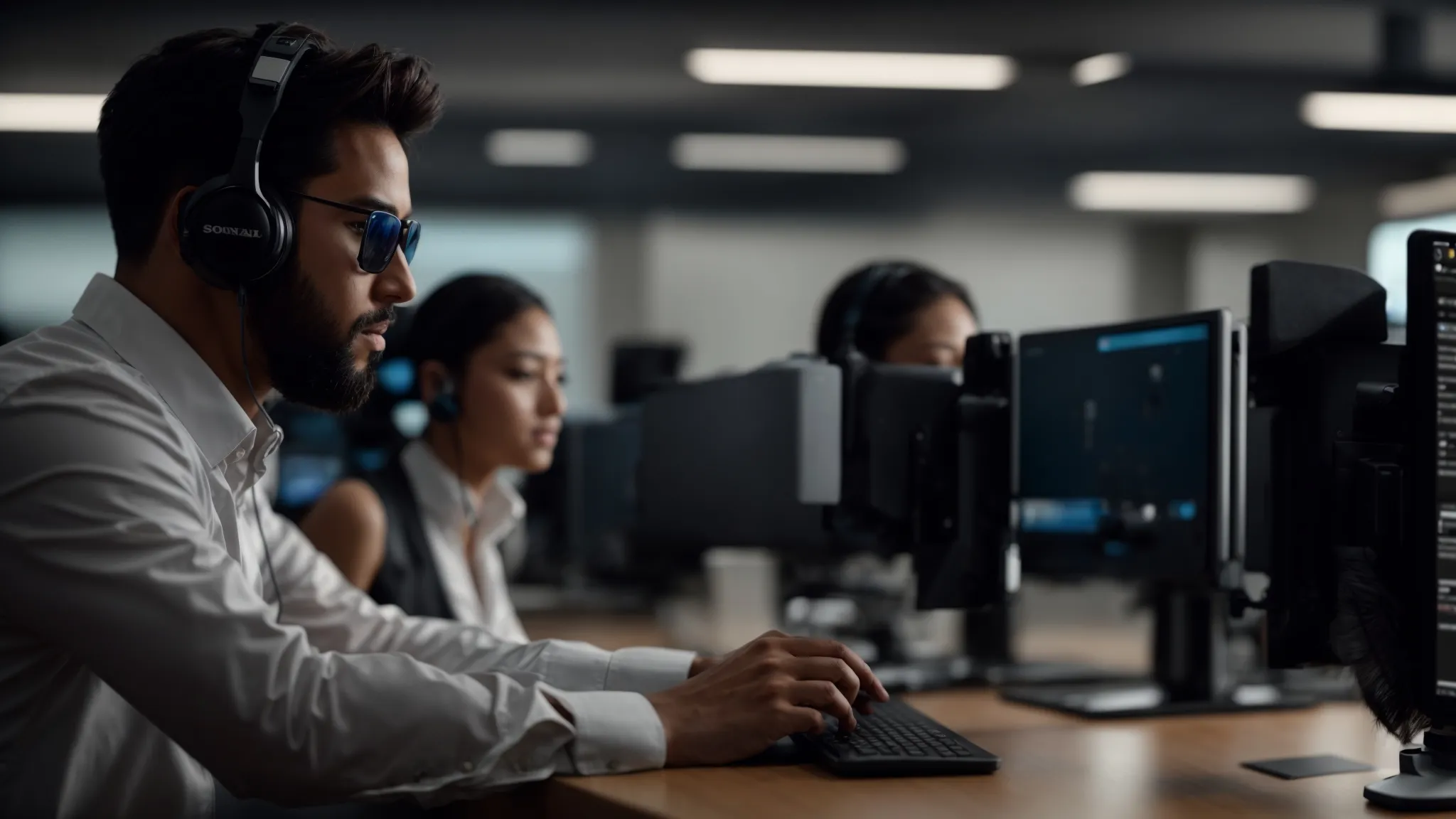 The Benefits of Knowledge Management for Contact Centers 2 A man wearing headphones and a headset is engaged with a computer, aiming to improve customer satisfaction and retention.